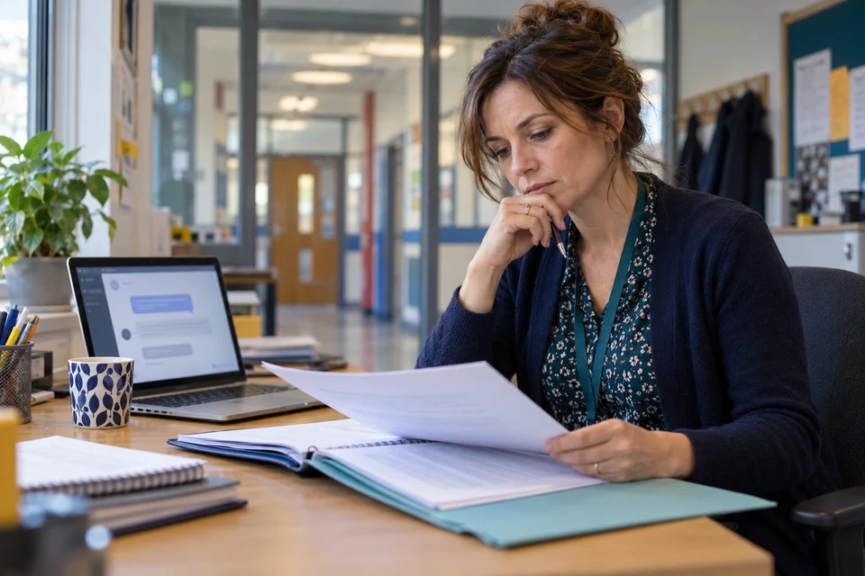 Illustrative AI-generated scene of a teacher reviewing policy papers beside a laptop in a school staffroom