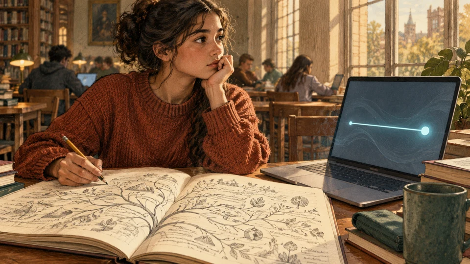 Editorial illustration of a thoughtful student pausing between a handwritten notebook and a laptop in a library