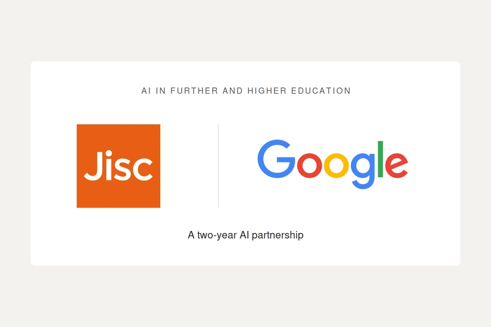 Jisc and Google logos side by side, captioned A two-year AI partnership
