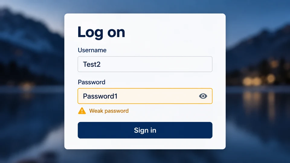 Illustrated logon box showing Test2 and Password1 with a weak password warning