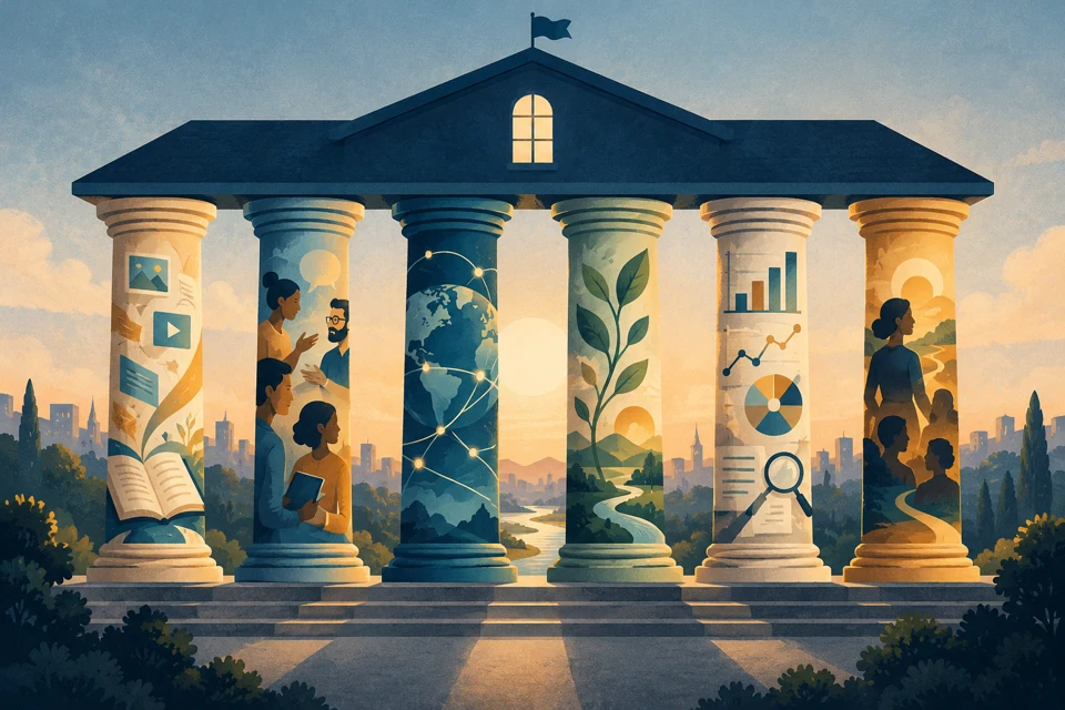 Conceptual illustration of six pillars supporting a school roof, representing the foundations of digital transformation in education